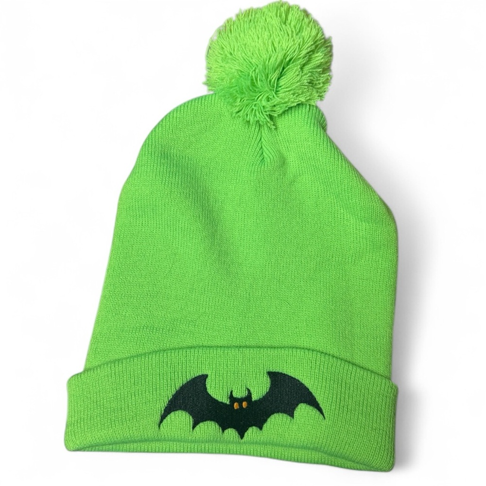 Bright green beanie hat with black embroidered bat